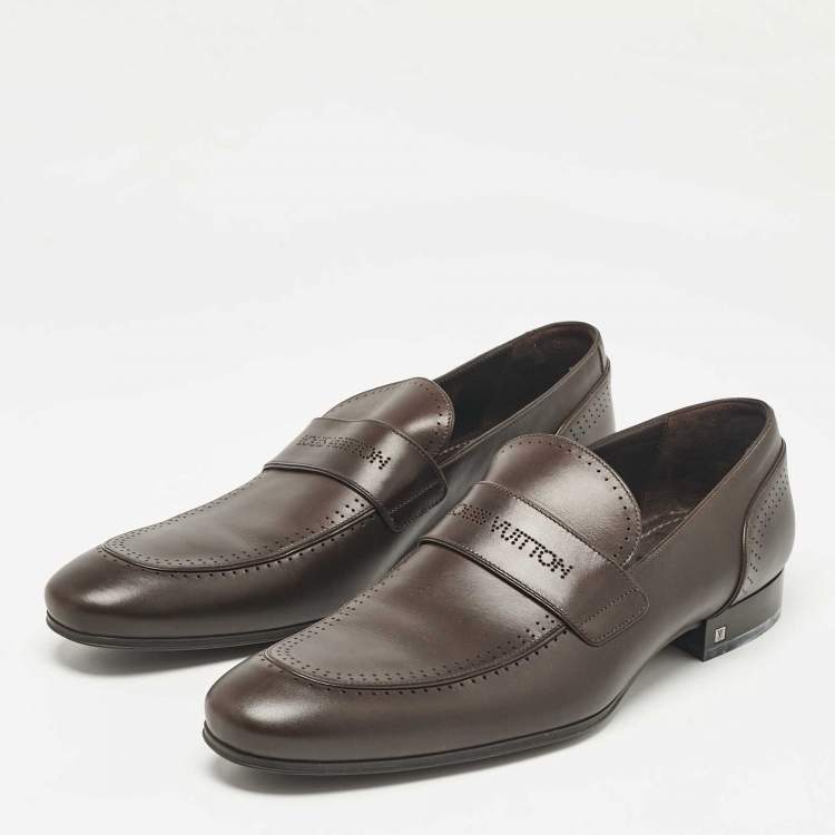 Pre Owned Louis Vuitton Brown Leather Slip On Loafers Size 45.5