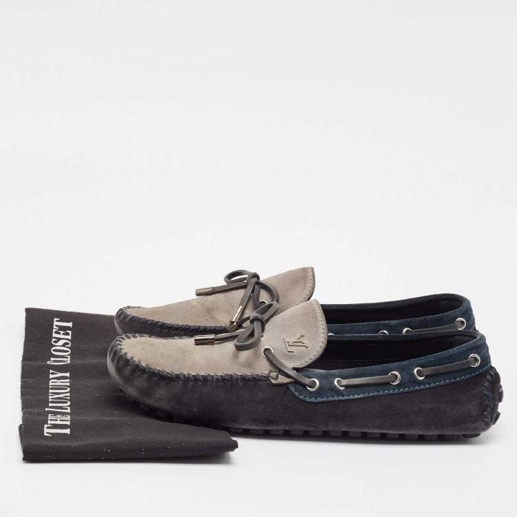 Pre Owned Louis Vuitton Grey/Navy Blue Suede Slip On Loafers Size 42.5