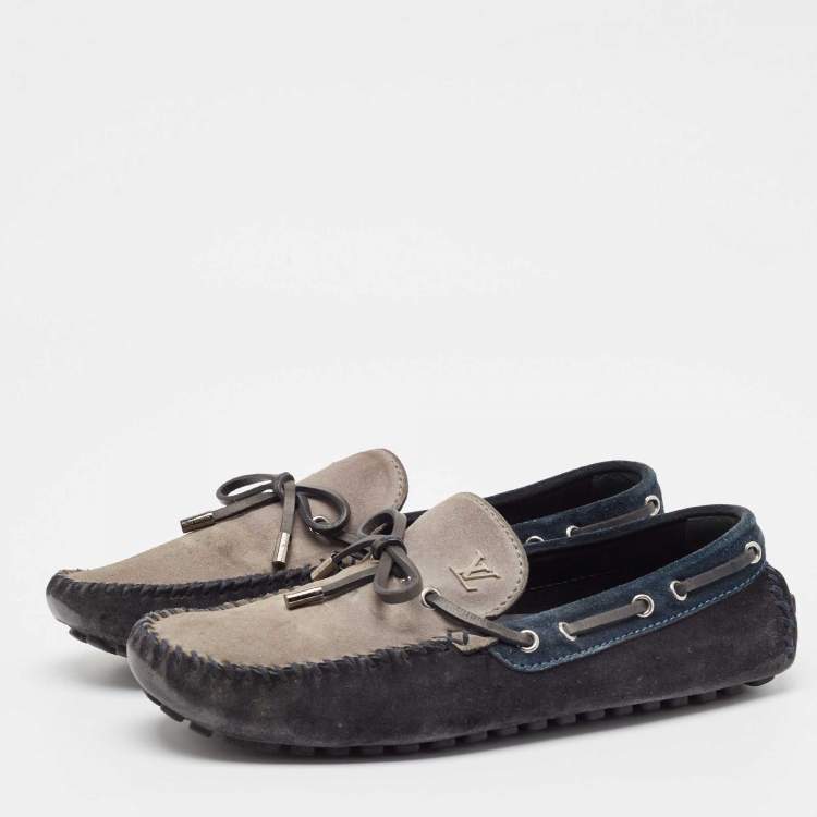 Pre Owned Louis Vuitton Grey/Navy Blue Suede Slip On Loafers Size 42.5