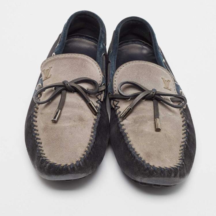 Pre Owned Louis Vuitton Grey/Navy Blue Suede Slip On Loafers Size 42.5