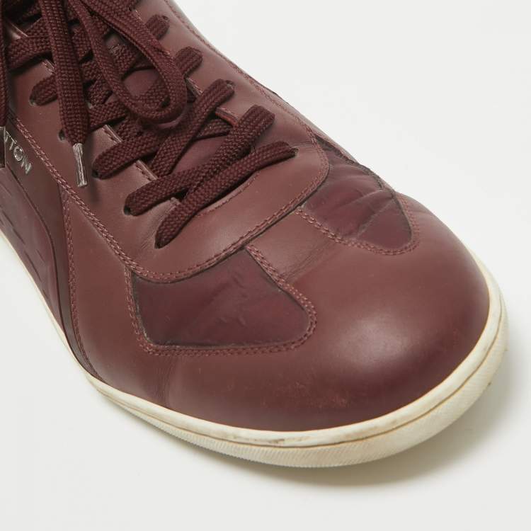 Pre Owned Louis Vuitton Burgundy Leather and Neoprene Low Top Sneakers Size 43