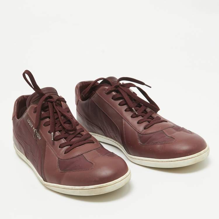 Pre Owned Louis Vuitton Burgundy Leather and Neoprene Low Top Sneakers Size 43
