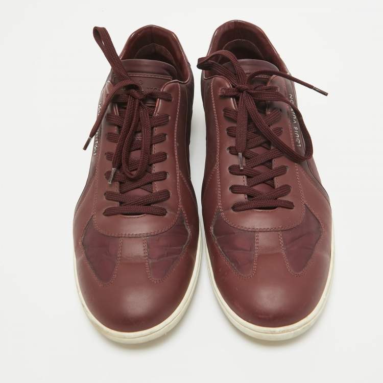 Pre Owned Louis Vuitton Burgundy Leather and Neoprene Low Top Sneakers Size 43
