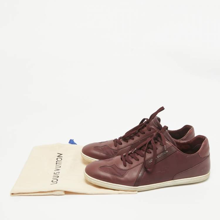 Pre Owned Louis Vuitton Burgundy Leather and Neoprene Low Top Sneakers Size 43