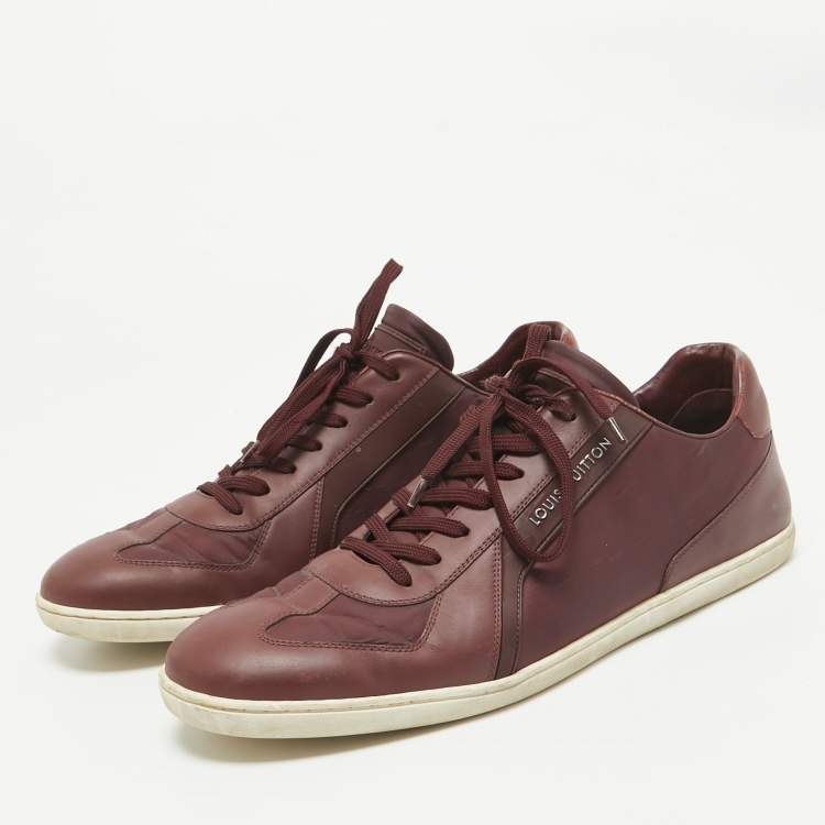 Pre Owned Louis Vuitton Burgundy Leather and Neoprene Low Top Sneakers Size 43