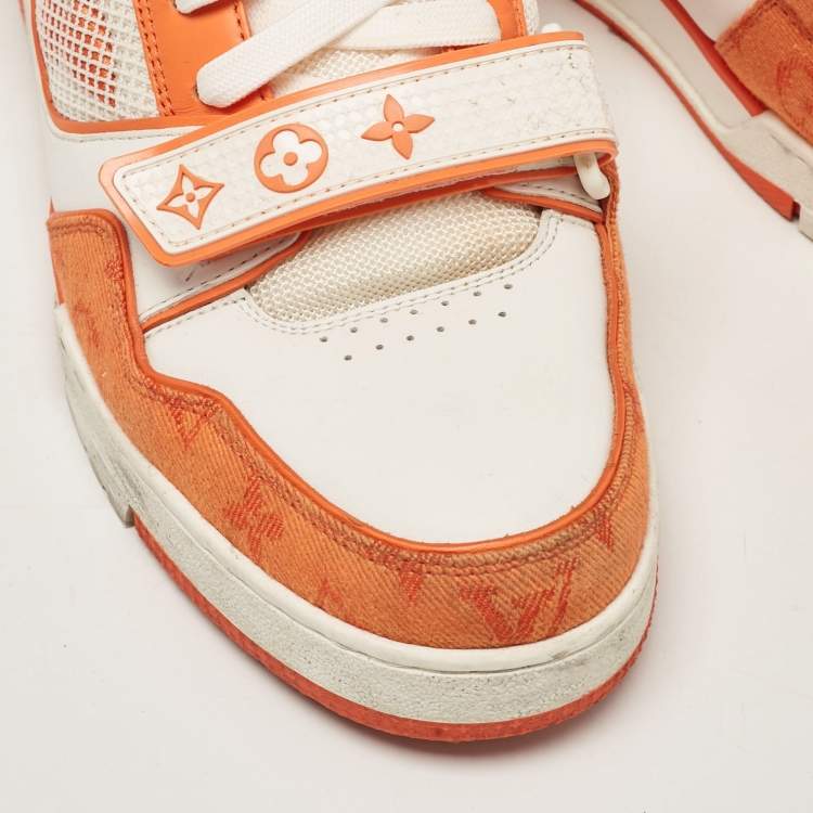 Pre Owned Louis Vuitton Orange Monogram Denim and Leather LV Trainer Sneakers Size 42.5