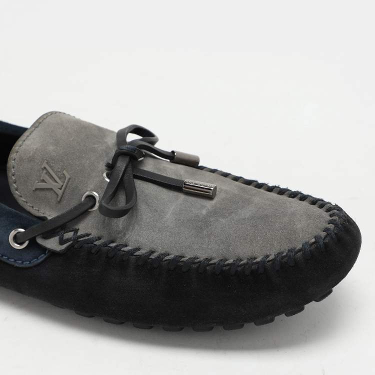 Pre Owned Louis Vuitton Tricolor Suede Bow Slip On Loafers Size 43.5