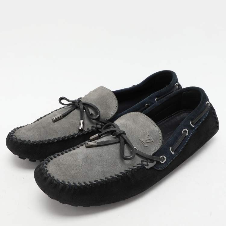 Pre Owned Louis Vuitton Tricolor Suede Bow Slip On Loafers Size 43.5