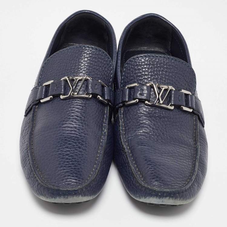 Pre Owned Louis Vuitton Navy Blue Leather Hockenheim Loafers Size 41.5