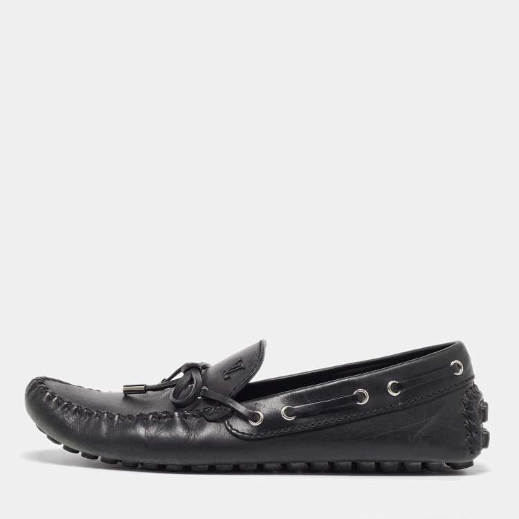 Pre Owned Louis Vuitton Black Leather Bow Arizona Loafers Size 42.5