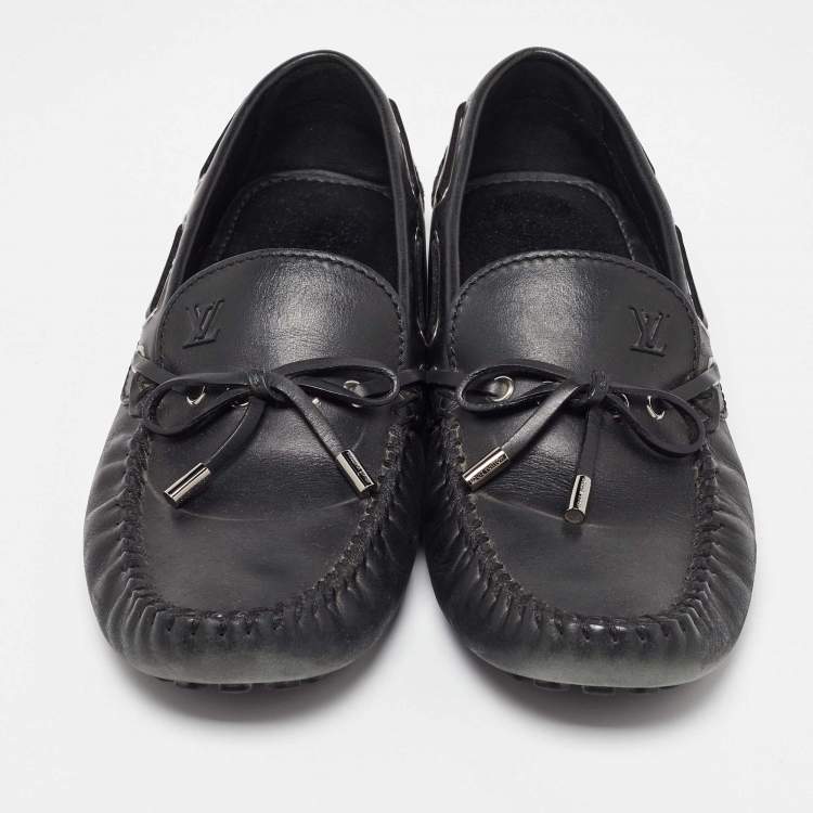 Pre Owned Louis Vuitton Black Leather Bow Arizona Loafers Size 42.5