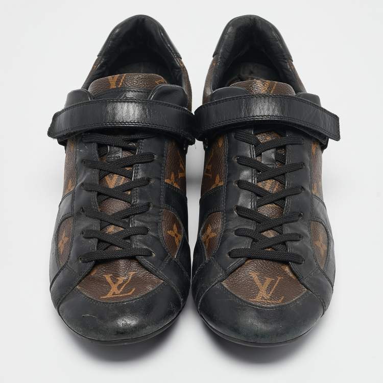 Pre Owned Louis Vuitton Black/Brown Monogram Canvas and Leather Lace Up Sneakers Size 42.5
