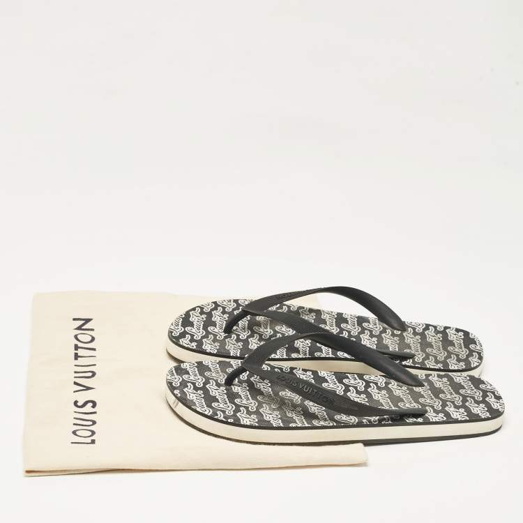 Pre Owned Louis Vuitton Black/White Logo Print Rubber Molitor Thong Sandals Size 43