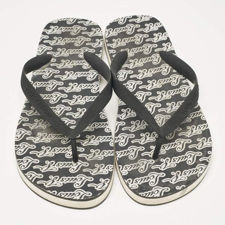 Pre Owned Louis Vuitton Black/White Logo Print Rubber Molitor Thong Sandals Size 43