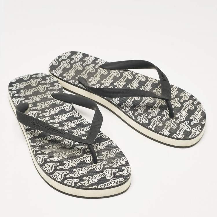 Pre Owned Louis Vuitton Black/White Logo Print Rubber Molitor Thong Sandals Size 43