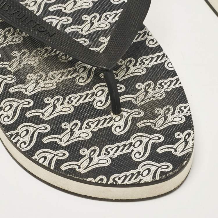 Pre Owned Louis Vuitton Black/White Logo Print Rubber Molitor Thong Sandals Size 43