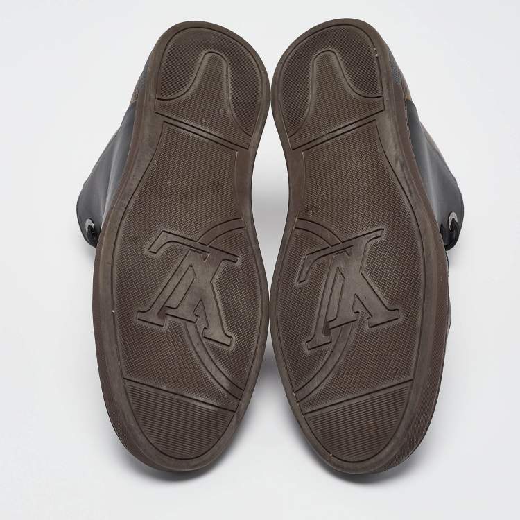 Pre Owned Louis Vuitton Black/Brown Leather and Monogram Canvas Line Up High-Top Sneakers Size 40.5