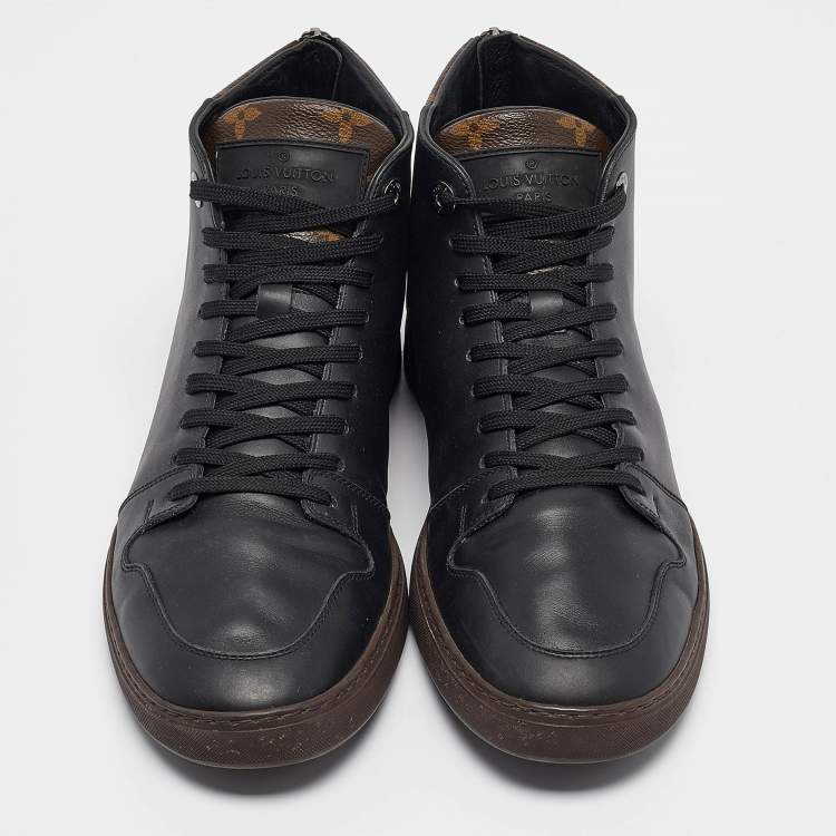 Pre Owned Louis Vuitton Black/Brown Leather and Monogram Canvas Line Up High-Top Sneakers Size 40.5