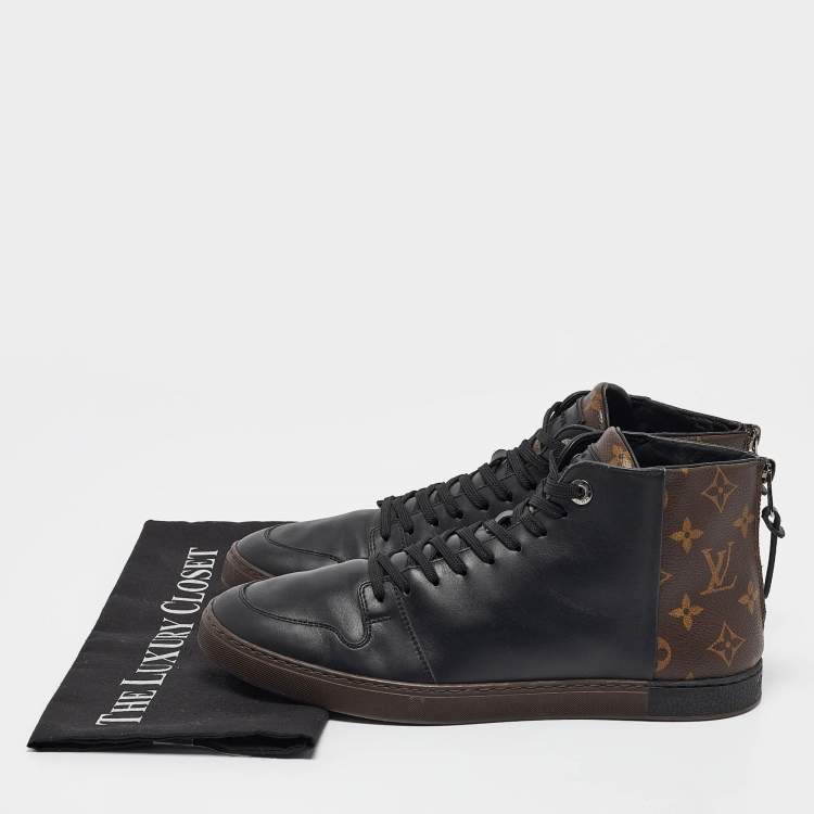 Pre Owned Louis Vuitton Black/Brown Leather and Monogram Canvas Line Up High-Top Sneakers Size 40.5