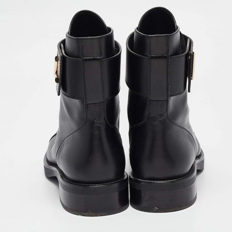 Pre Owned Louis Vuitton Black Leather Wonderland Flat Ranger Combat Boots 41
