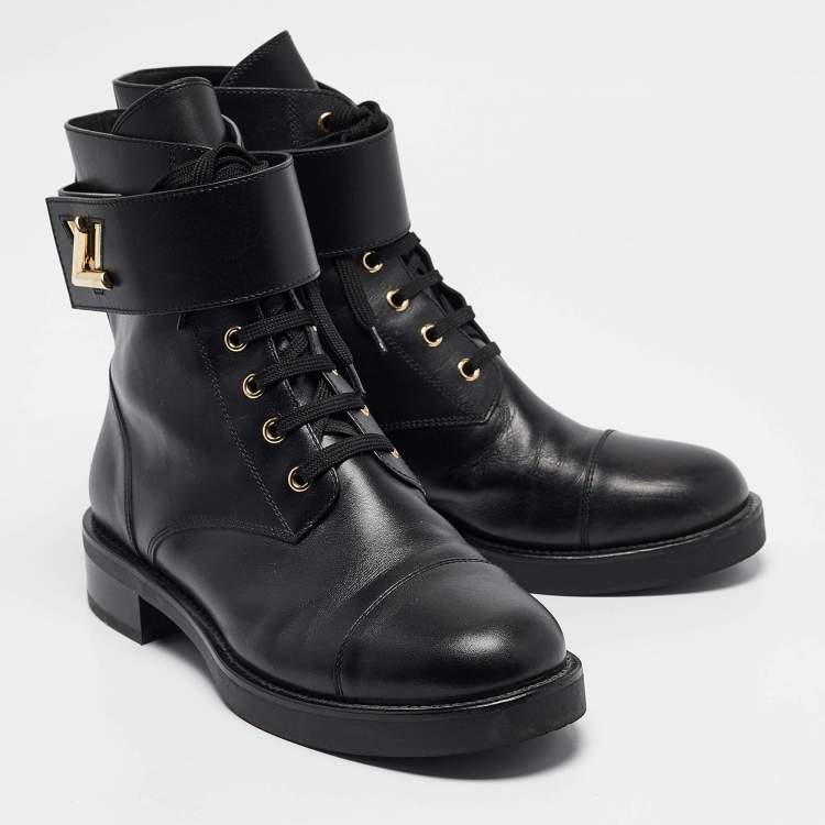 Pre Owned Louis Vuitton Black Leather Wonderland Flat Ranger Combat Boots 41