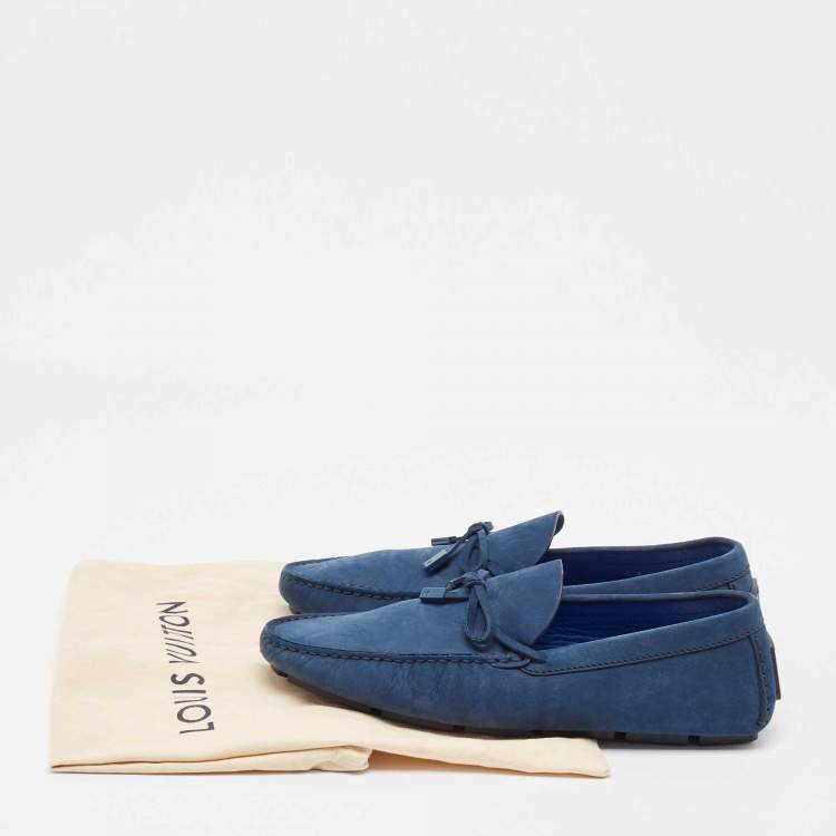 Pre Owned Louis Vuitton Navy Blue Nubuck Leather Bow Loafers Size 43