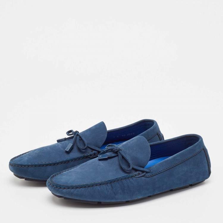 Pre Owned Louis Vuitton Navy Blue Nubuck Leather Bow Loafers Size 43
