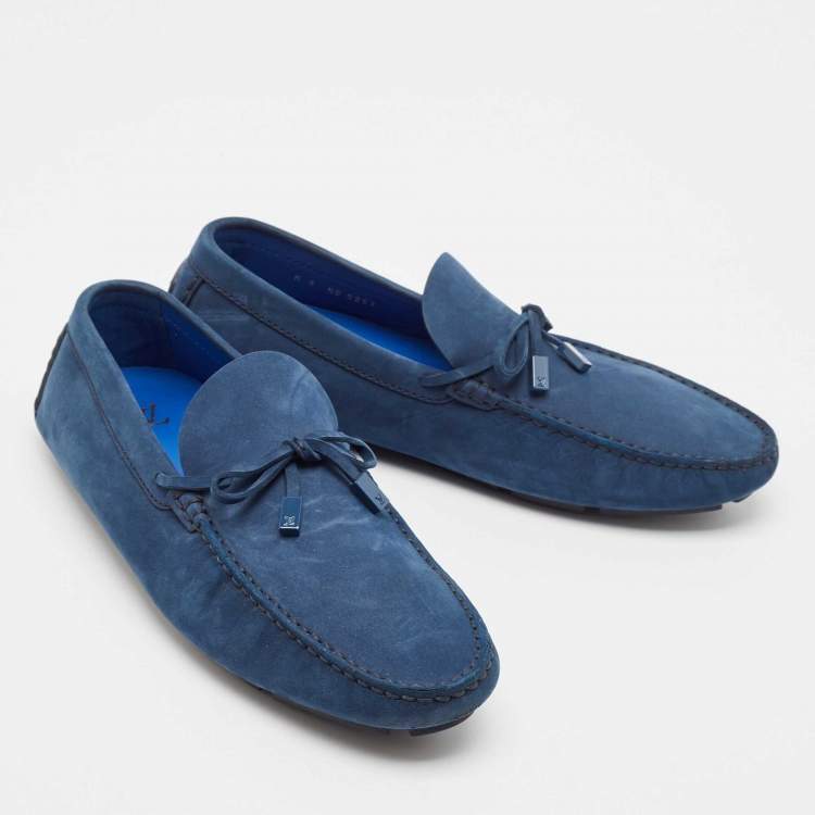 Pre Owned Louis Vuitton Navy Blue Nubuck Leather Bow Loafers Size 43