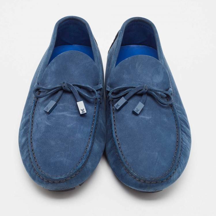 Pre Owned Louis Vuitton Navy Blue Nubuck Leather Bow Loafers Size 43