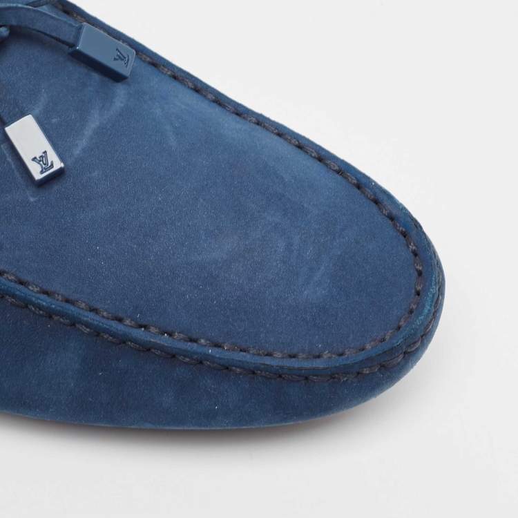 Pre Owned Louis Vuitton Navy Blue Nubuck Leather Bow Loafers Size 43