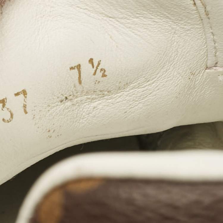 Pre Owned Louis Vuitton White/Brown Monogram Canvas and Leather Lace Up Sneakers 41.5