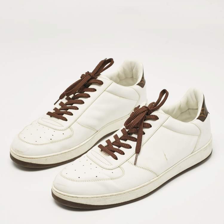 Pre Owned Louis Vuitton White/Brown Monogram Canvas and Leather Lace Up Sneakers 41.5