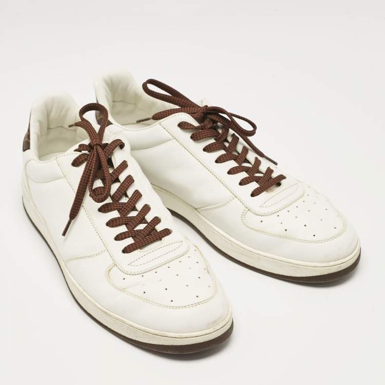 Pre Owned Louis Vuitton White/Brown Monogram Canvas and Leather Lace Up Sneakers 41.5