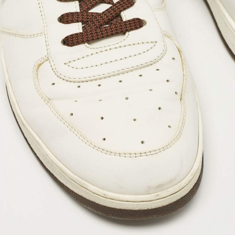 Pre Owned Louis Vuitton White/Brown Monogram Canvas and Leather Lace Up Sneakers 41.5