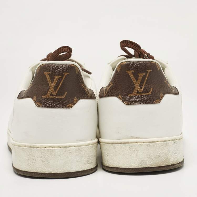 Pre Owned Louis Vuitton White/Brown Monogram Canvas and Leather Lace Up Sneakers 41.5
