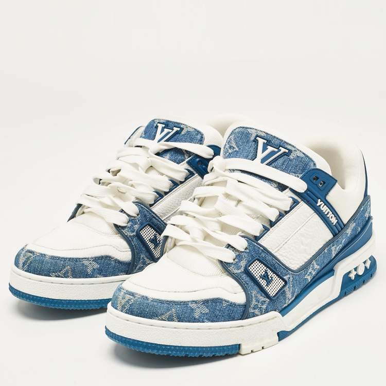 Pre Owned Louis Vuitton White/Blue Monogram Leather and Denim LV Trainer Sneakers Size 41