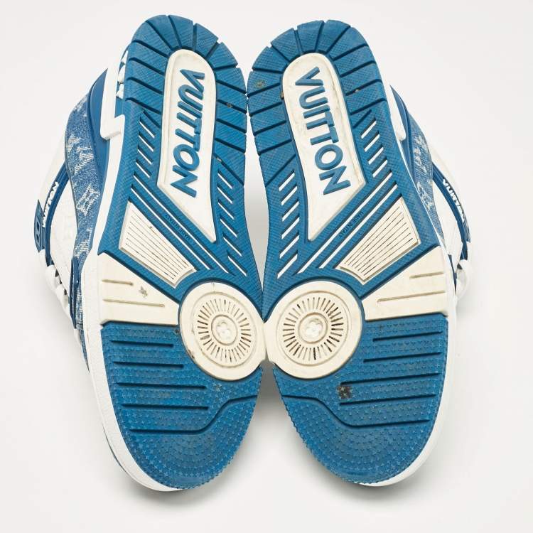 Pre Owned Louis Vuitton White/Blue Monogram Leather and Denim LV Trainer Sneakers Size 41