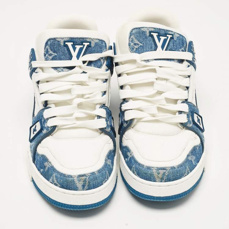 Pre Owned Louis Vuitton White/Blue Monogram Leather and Denim LV Trainer Sneakers Size 41