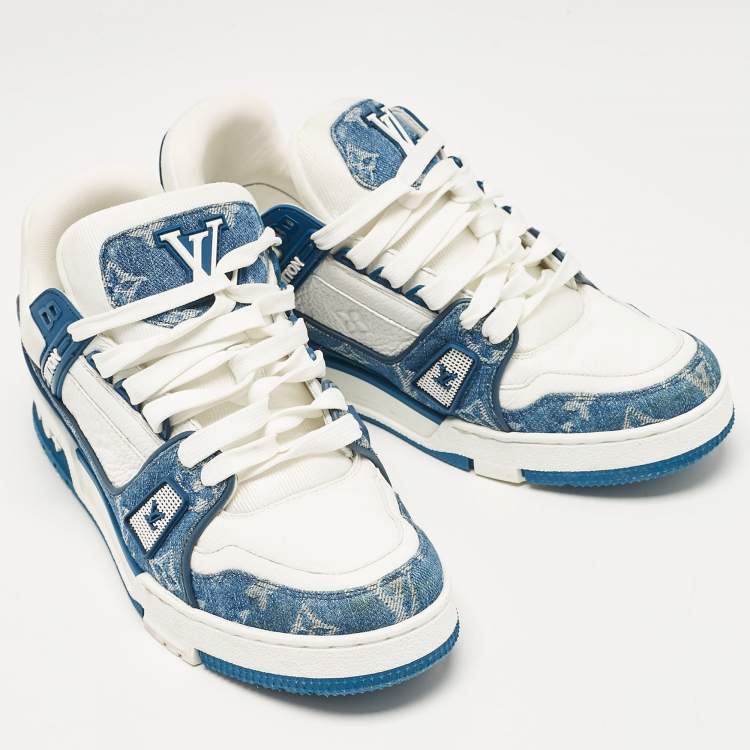 Pre Owned Louis Vuitton White/Blue Monogram Leather and Denim LV Trainer Sneakers Size 41