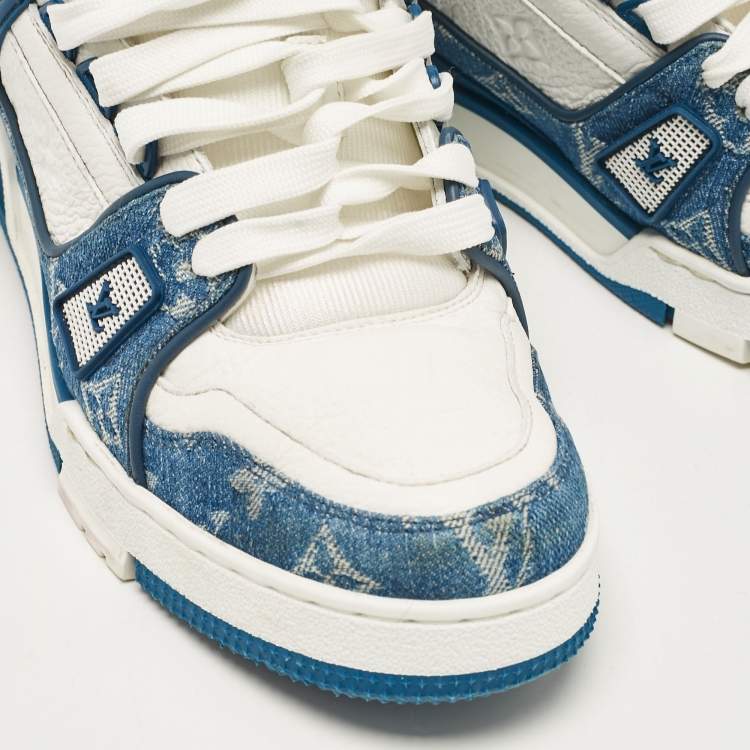 Pre Owned Louis Vuitton White/Blue Monogram Leather and Denim LV Trainer Sneakers Size 41