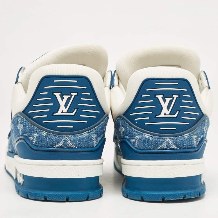 Pre Owned Louis Vuitton White/Blue Monogram Leather and Denim LV Trainer Sneakers Size 41