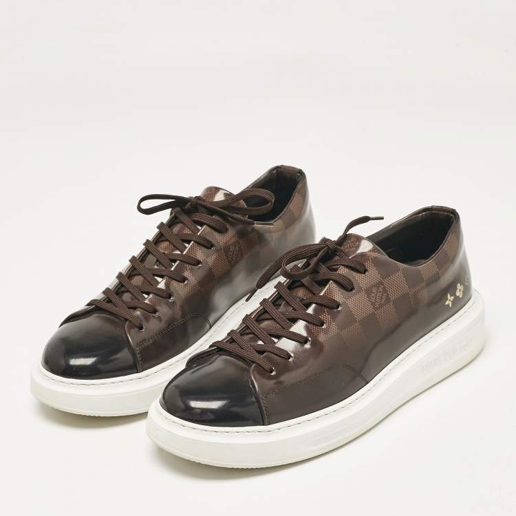Pre Owned Louis Vuitton Brown Patent Leather Beverly Lace Up Sneakers Size 42