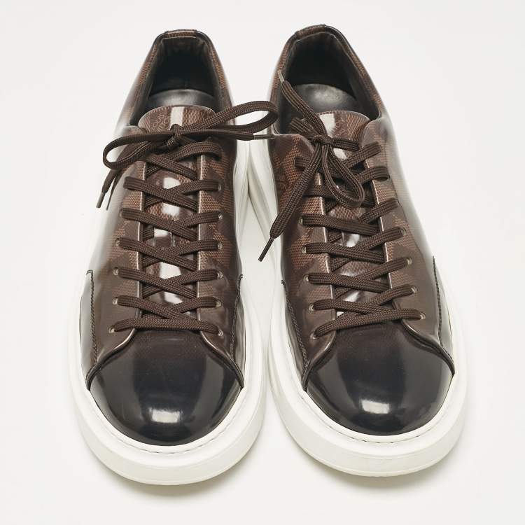 Pre Owned Louis Vuitton Brown Patent Leather Beverly Lace Up Sneakers Size 42