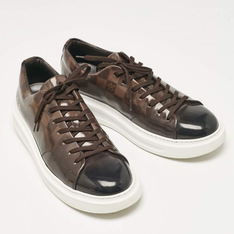 Pre Owned Louis Vuitton Brown Patent Leather Beverly Lace Up Sneakers Size 42