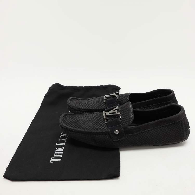 Pre Owned Louis Vuitton Black Damier Embossed Suede Monte Carlo Loafers Size 42.5