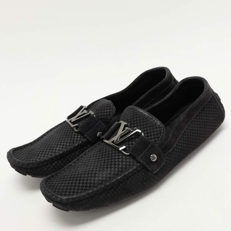 Pre Owned Louis Vuitton Black Damier Embossed Suede Monte Carlo Loafers Size 42.5
