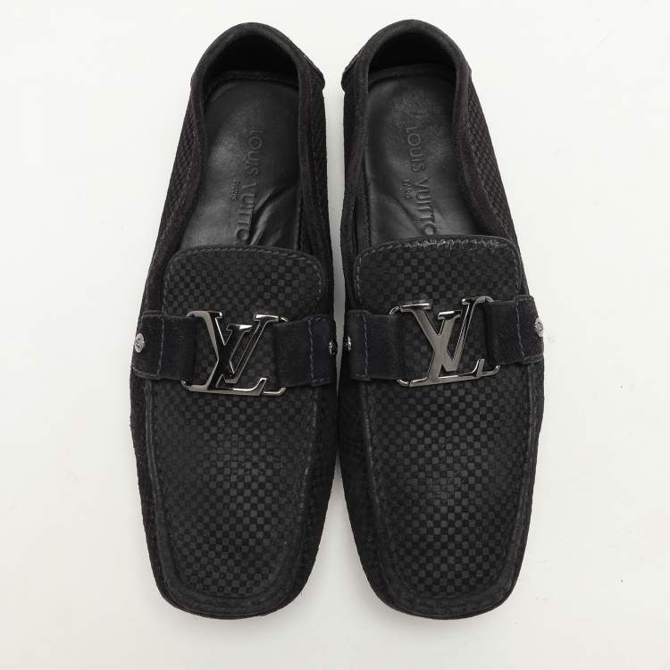 Pre Owned Louis Vuitton Black Damier Embossed Suede Monte Carlo Loafers Size 42.5