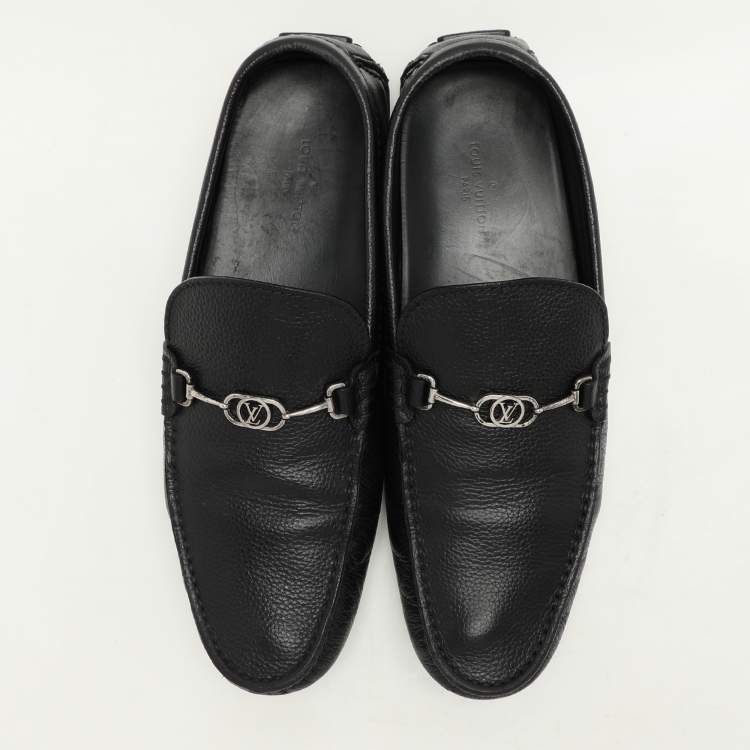 Pre Owned Louis Vuitton Black Leather Logo Embellished Loafers Size 42