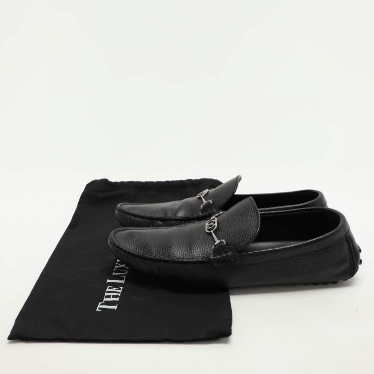 Pre Owned Louis Vuitton Black Leather Logo Embellished Loafers Size 42