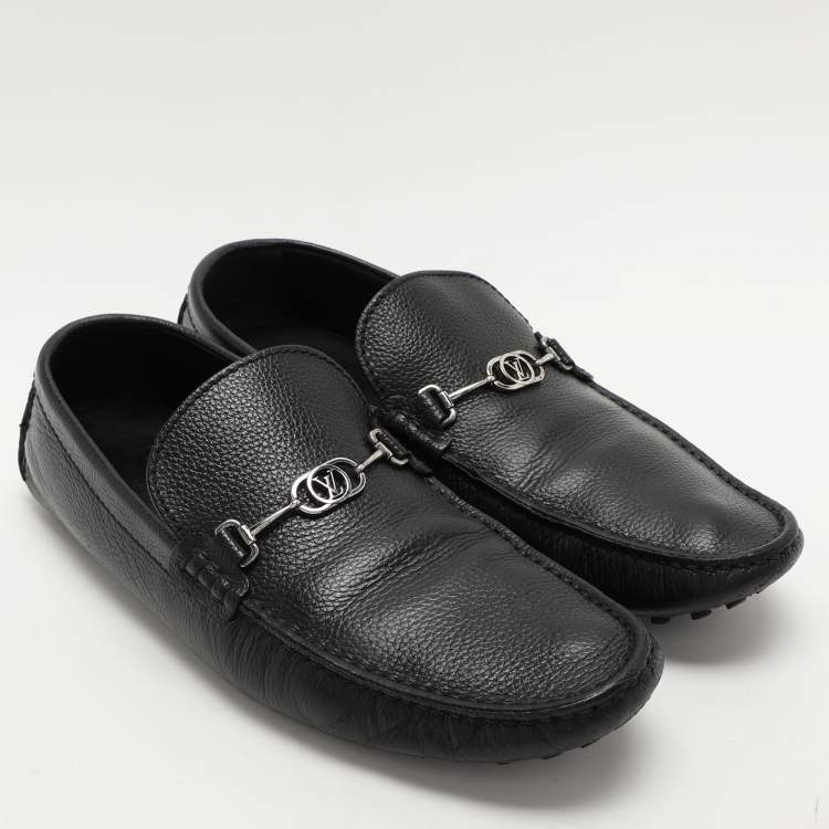 Pre Owned Louis Vuitton Black Leather Logo Embellished Loafers Size 42